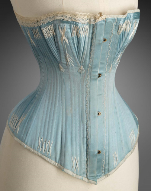 light blue silk corset with flossing 1870-1885